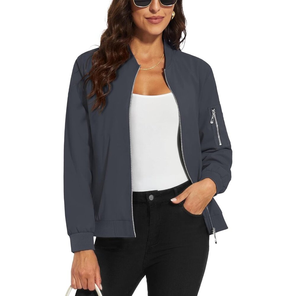 Women's Casual Jacket Bomber Jackets 5 Pockets Windbreaker Zip-Up Dark Grey